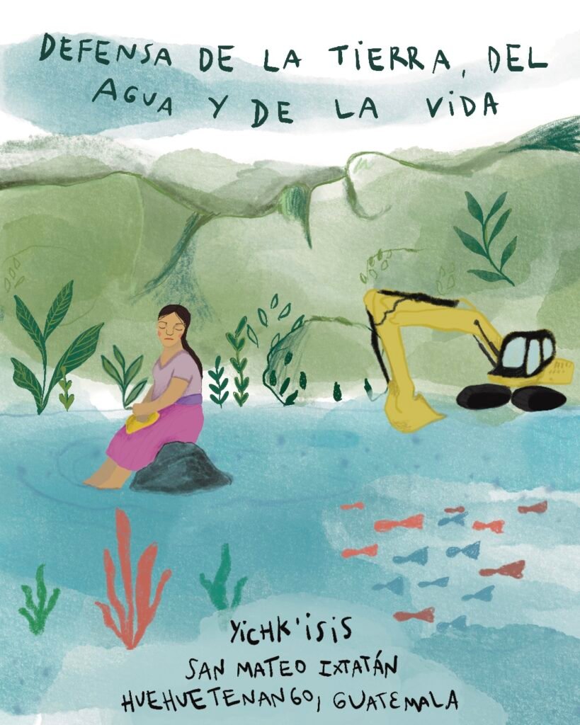 Il·lustració divulgativa sobre el conflicte de les comunitats Yichk'isis a Guatemala