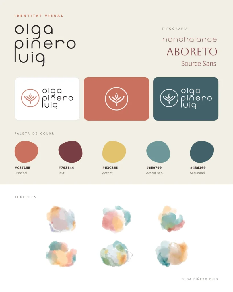 Identitat de marca d'Olga Piñero Puig: logotips, paleta de color i textures d'aquarel·la