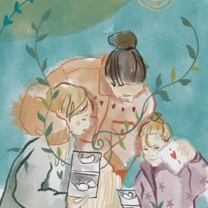 Il·lustració d'una mare i els seus fills mirant l'ecografia