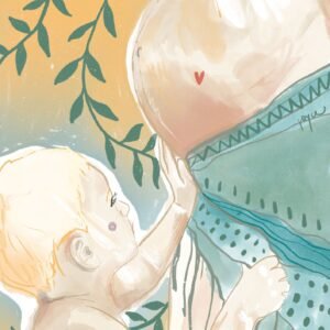 Il·lustració d'embaràs: un germà gran tocant la panxa de la mare