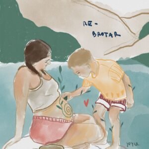 Il·lustració d'una mare embarassada i el seu fill a la muntanya