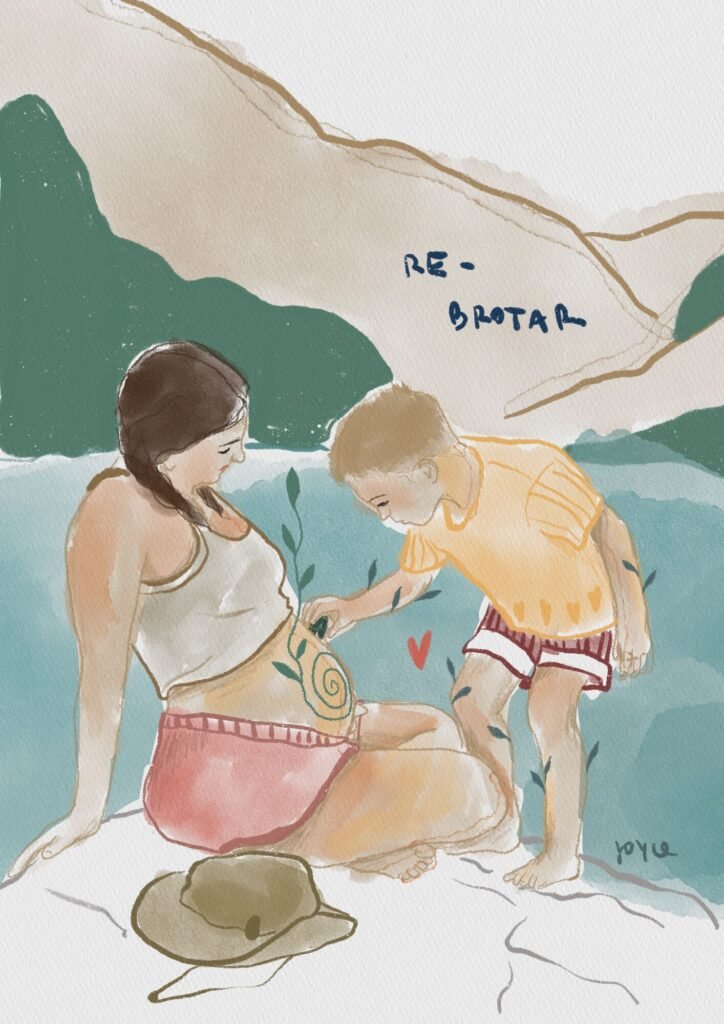 Il·lustració d'una mare embarassada i el seu fill a la muntanya