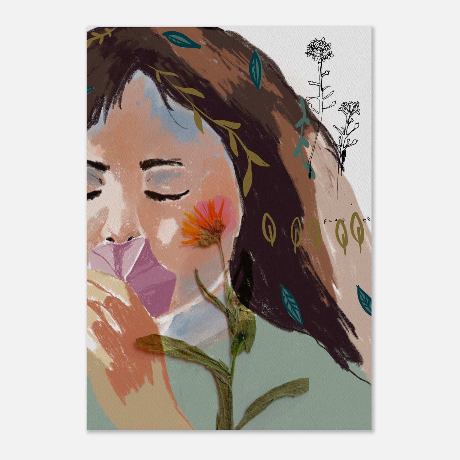 Làmina Primavera de Deborah Joyce: noia amb els ulls tancats i una flor taronja a la cara