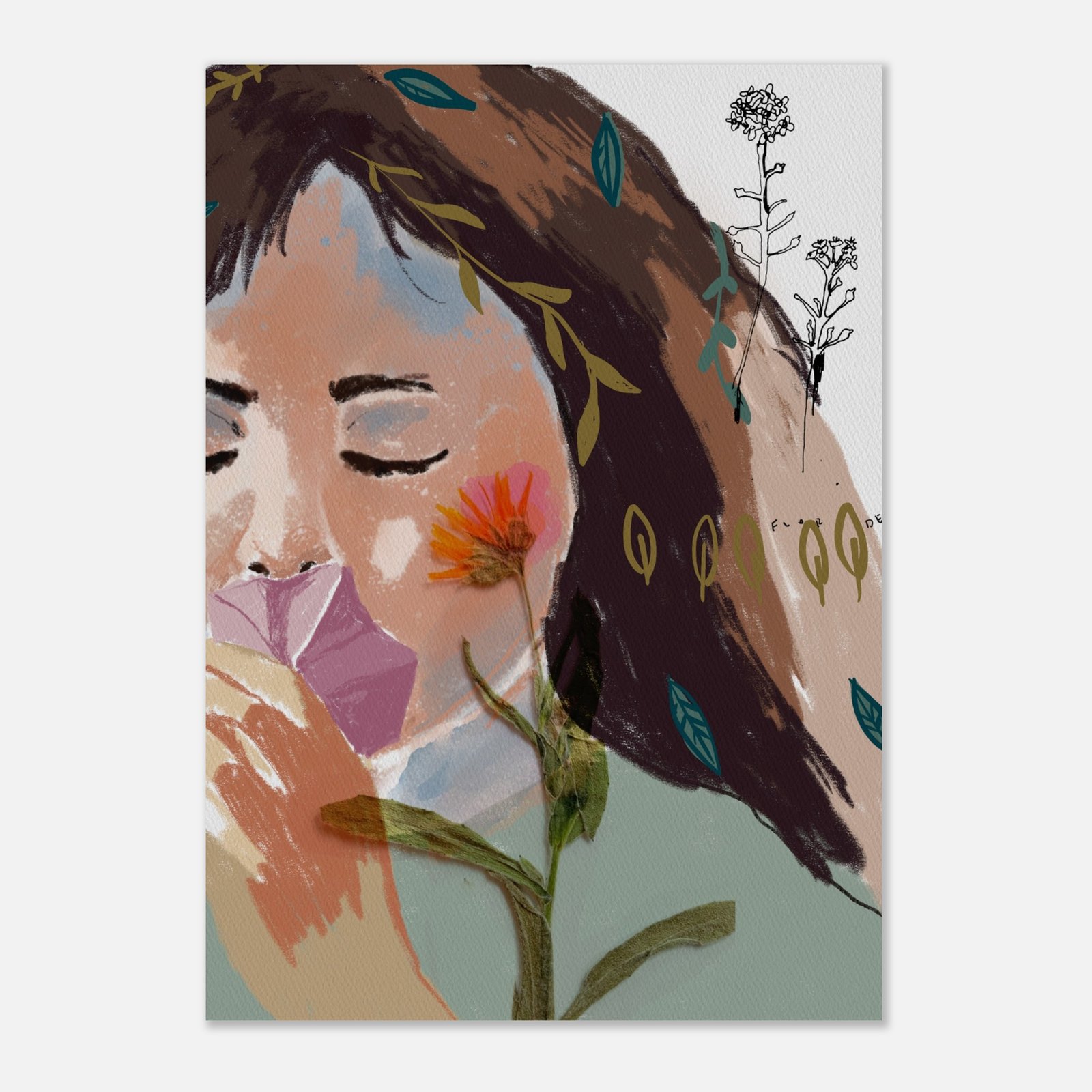 Làmina Primavera de Deborah Joyce: noia amb els ulls tancats i una flor taronja a la cara